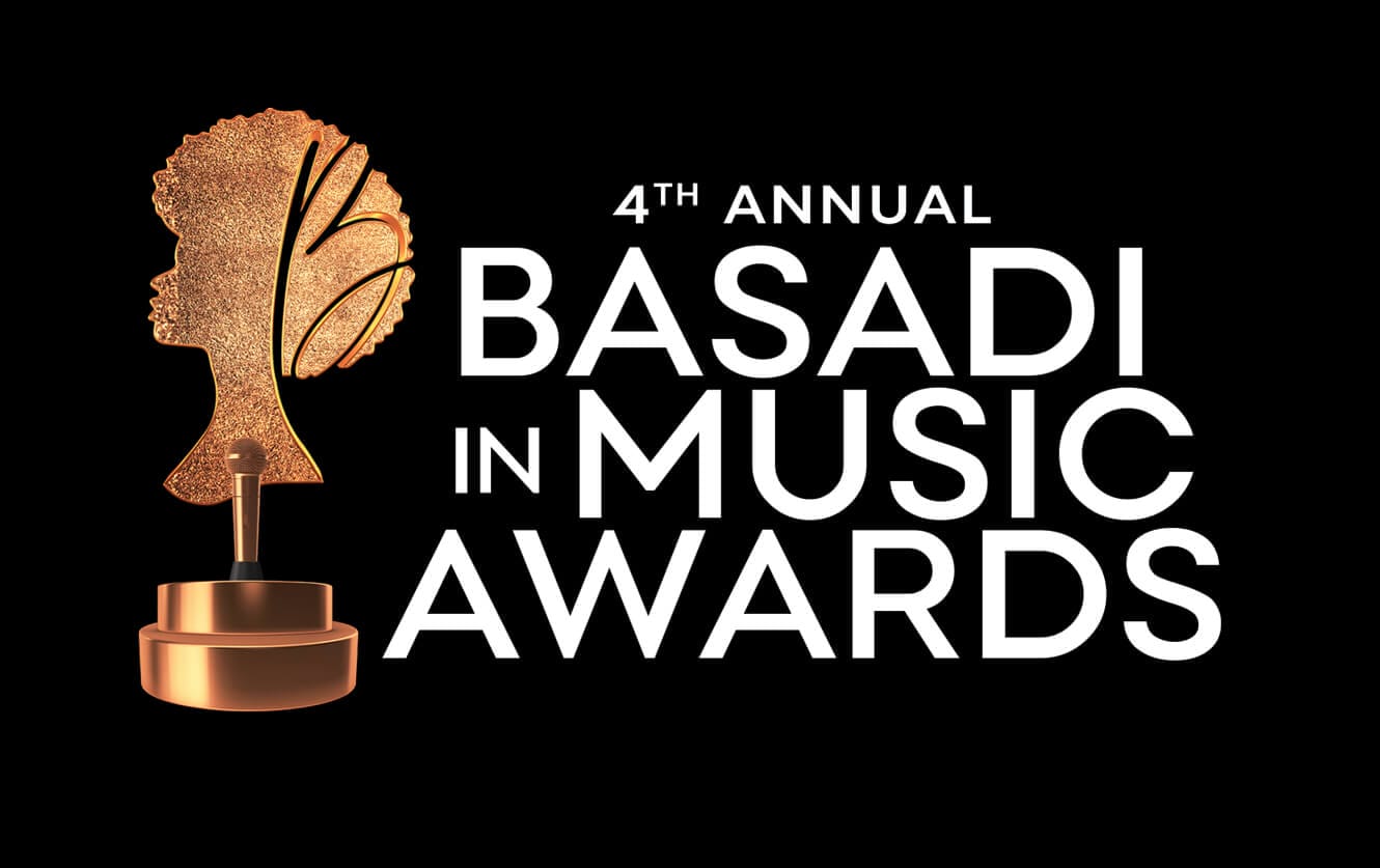 Logo for the 4th Annual Basadi In Music Awards. It features a gold trophy shaped like a woman's side profile with textured hair, next to bold white text on a black background that reads “4th Annual Basadi In Music Awards.”.