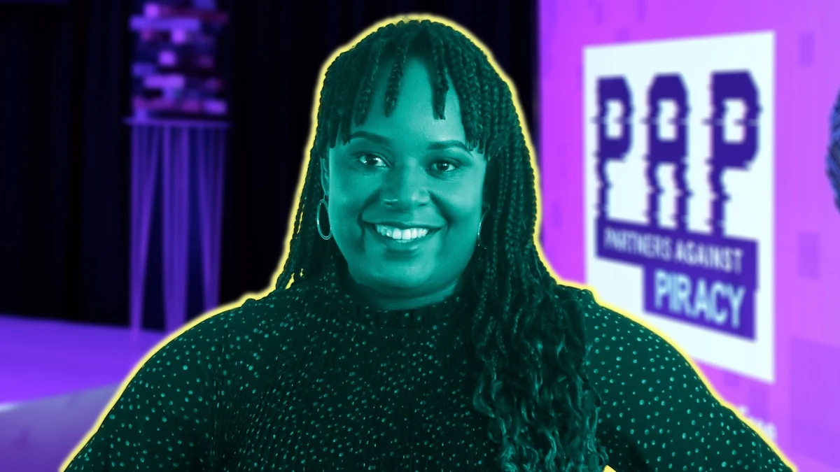 A person with long plaits and hoop earrings smiles at the camera. The image has a teal and purple filter with a yellow outline. In the background, a blurred sign reads "PARTNERS AGAINST PIRACY," serving as a warning about piracy in South Africa.