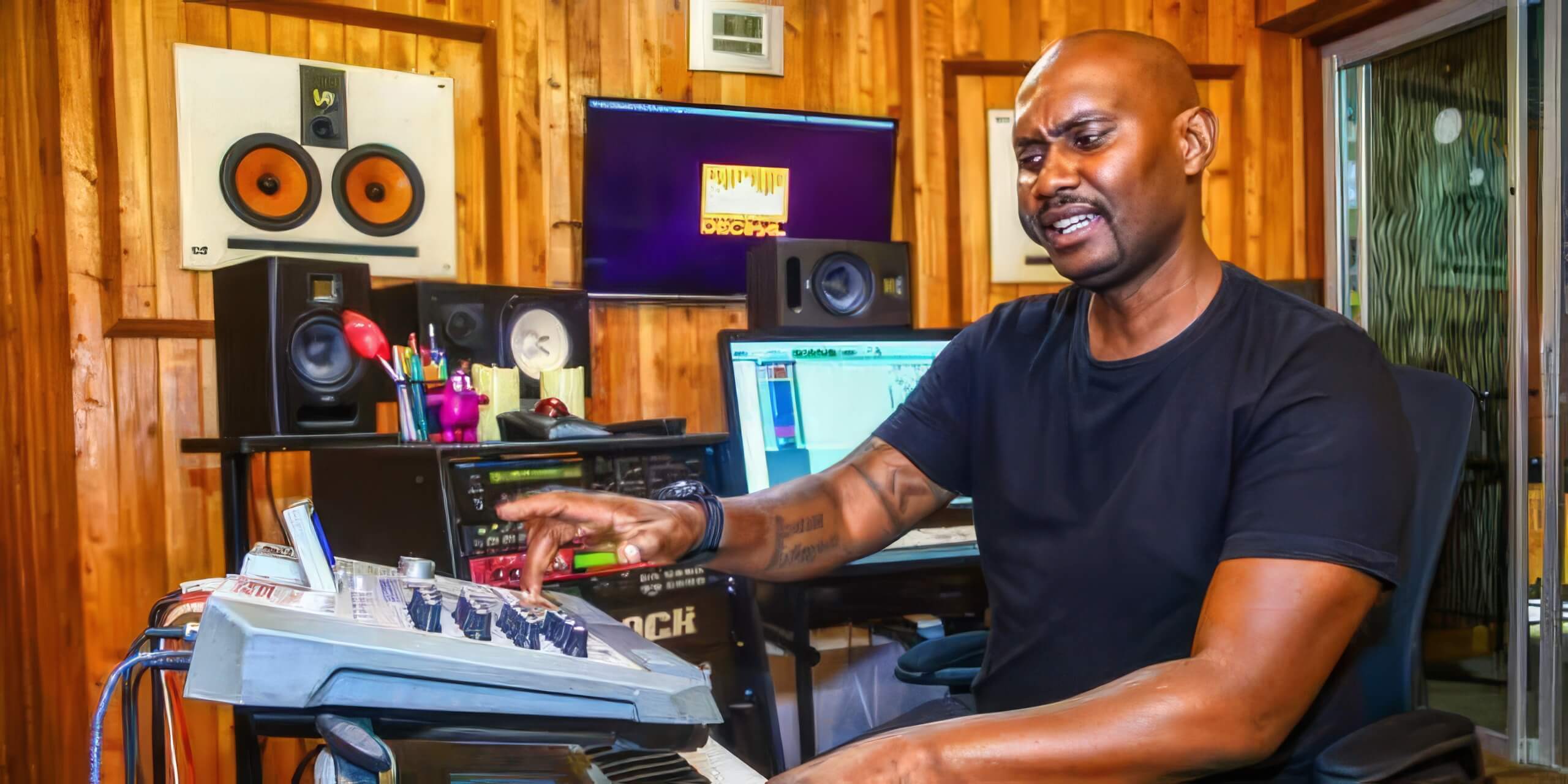 A man in a black T-shirt operates music production equipment in a Nairobi studio with wood-panelled walls, speakers, and audio gear. Focused and engaged, the beat-builder adjusts controls on a mixer, shaping the future of Kenyan music.