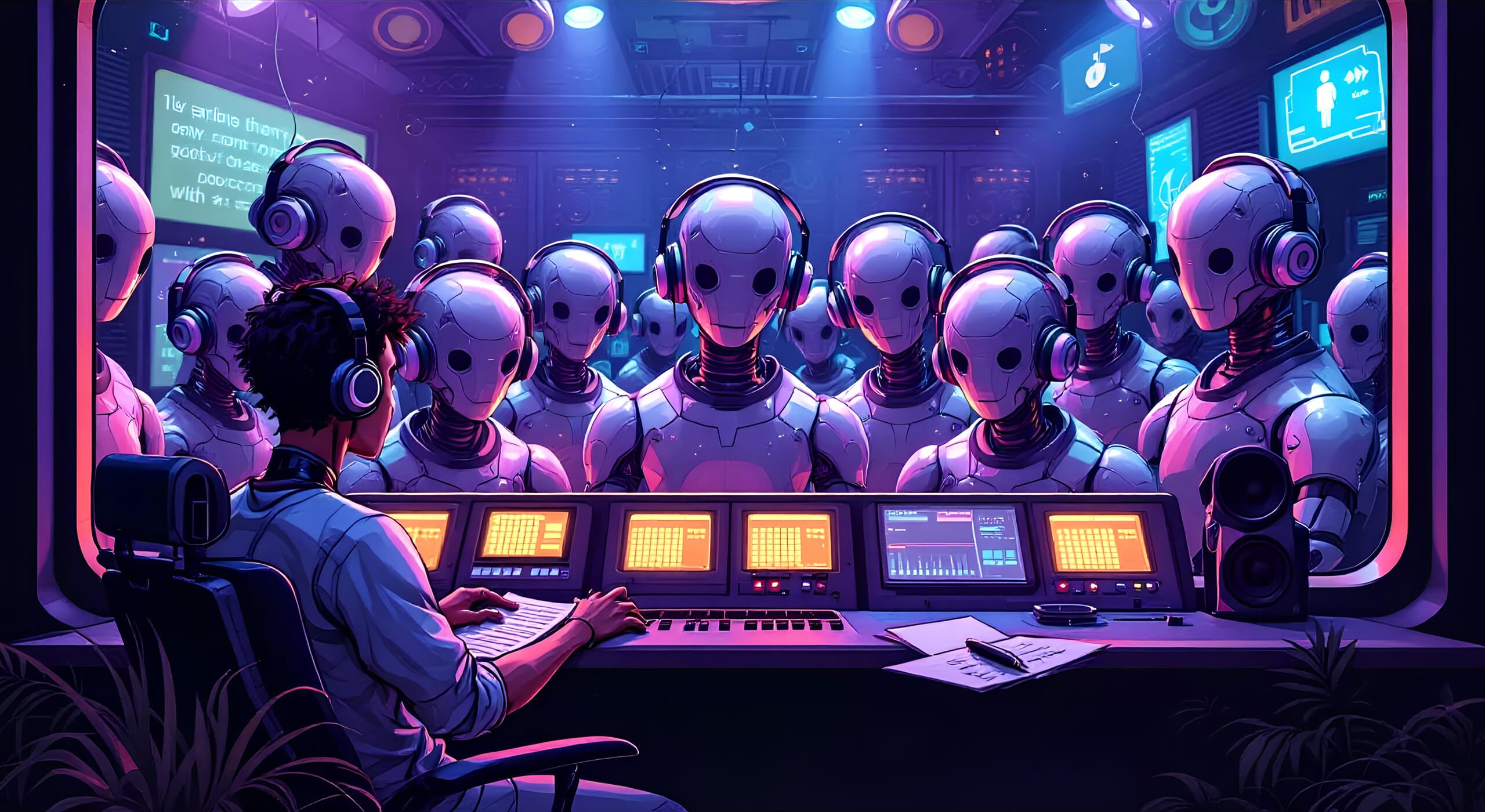 A person with headphones sits at a control panel filled with screens and buttons, overseeing a group of AI humanoid robots wearing headsets. Blue and purple lights illuminate the scene, with futuristic displays on the dark walls behind the robots.