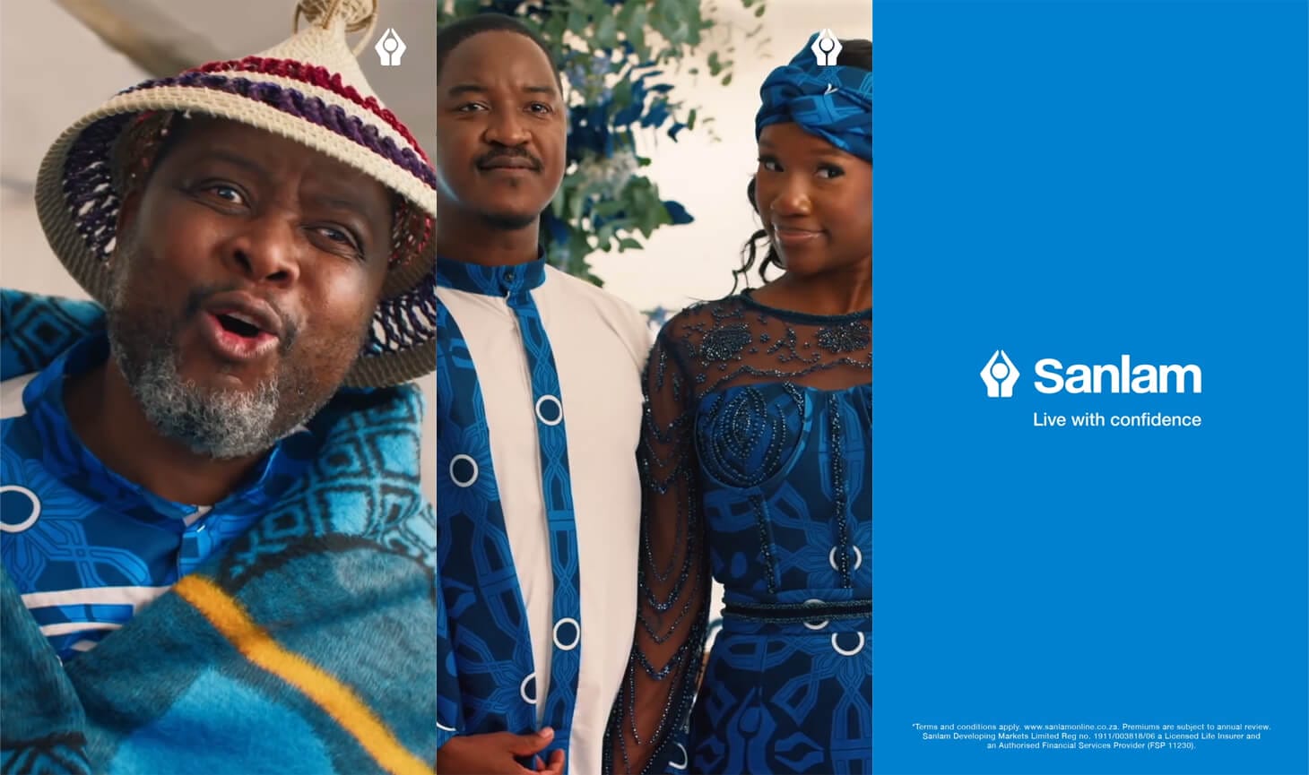 A split image: left shows an older man in a woven hat and blue patterned attire wrapped in a blanket; centre, a smiling couple in matching blue traditional outfits; right, the Sanlam logo and tagline "Live With Confidence" on a blue background.